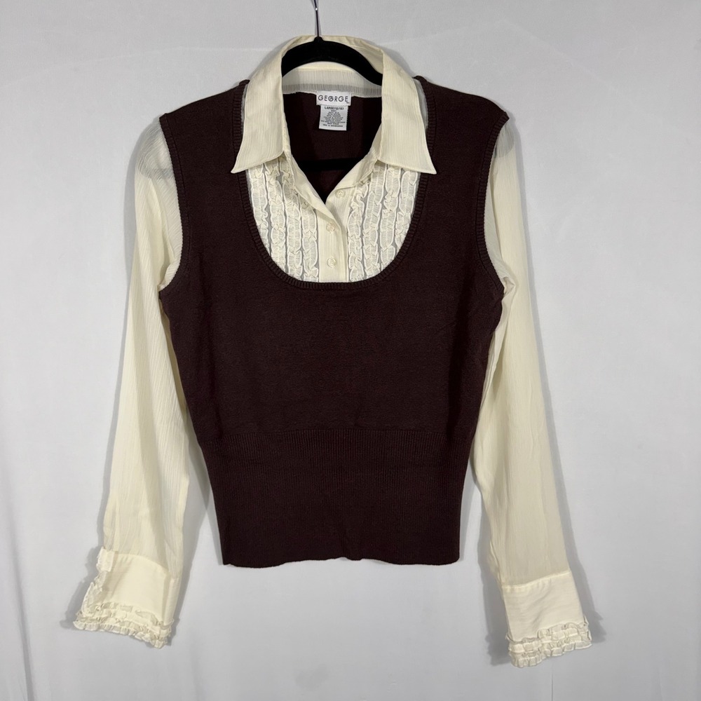 Vtg Y2K George 2-in-1 Sweater Vest Blouse M/L Silk Blend Brown Cream Ruffles EUC - Picture 2 of 7